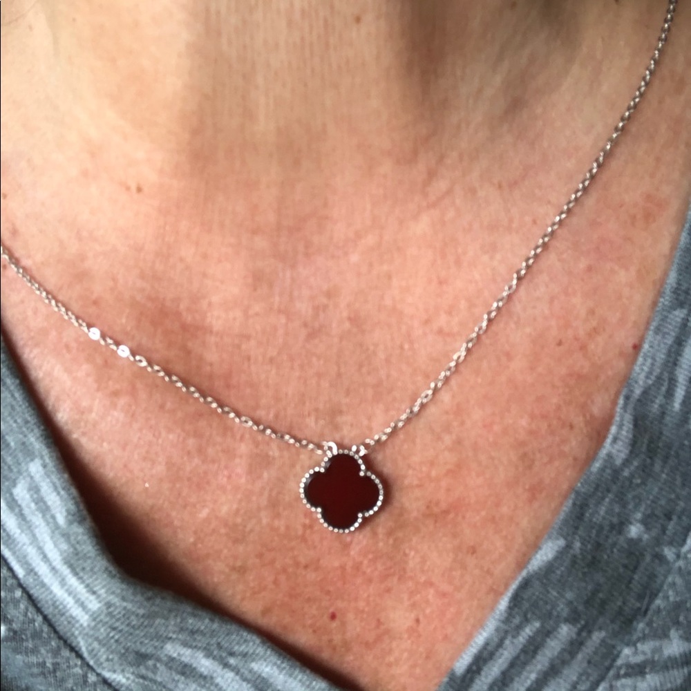 SILVER-TONE BLACK CLOVER NECKLACE